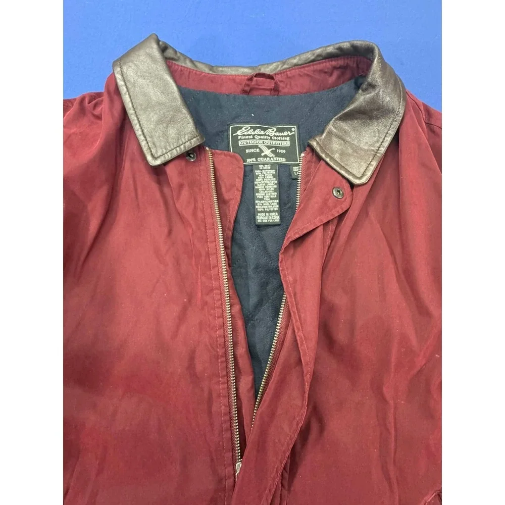 Vintage‎ Eddie Bauer Quilted Barn Jacket Acrylic Trim Leather Collar Red LG